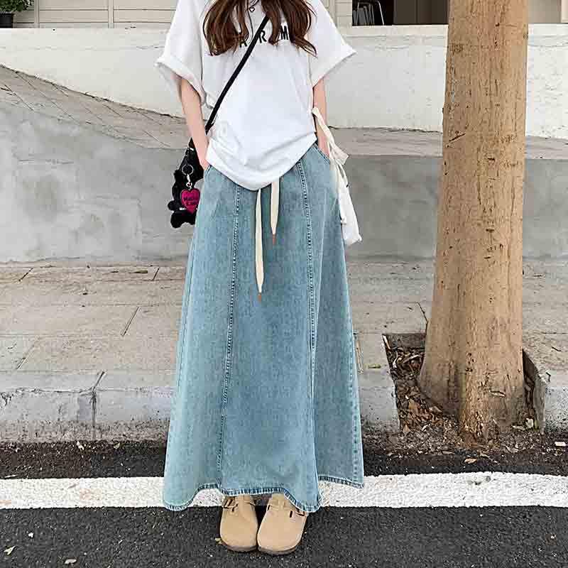 Women's Retro Washed Elastic Waistband Drawstring Denim Skirt, mid Length, Loose A-line Large Swing Skirt2