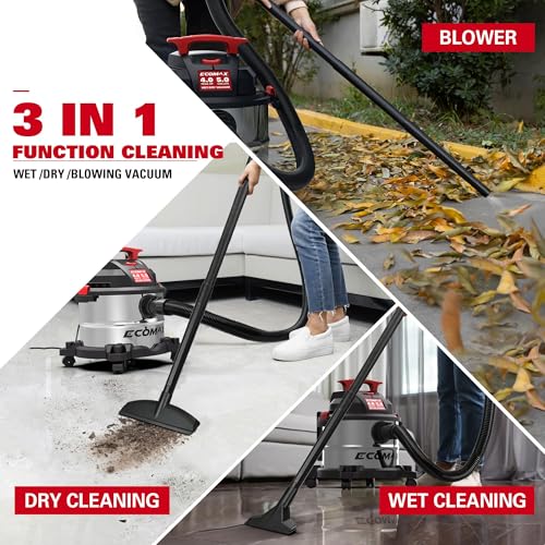 Wet Dry Vac 5 Gallon, 4 Peak HP, Portable Stainless Steel Shop Vacuum Wet/Dry with Powerful Suction-85 CFM, 3-in-1 Wet/Dry/Blow, Shop Vacuum for Home, Workshop, Jobsite, EM18115
