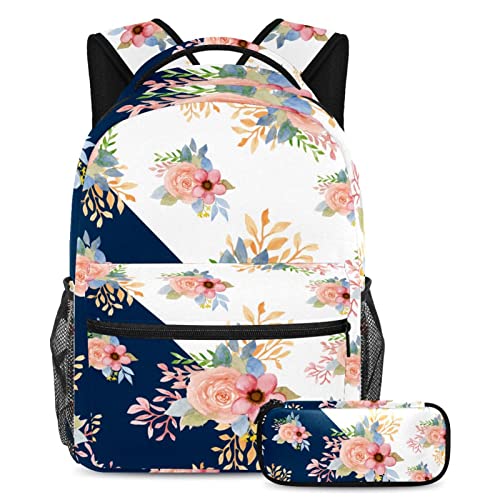 Sac à dos d'école avec trousse fleurs aquarelles pour adolescents et étudiants