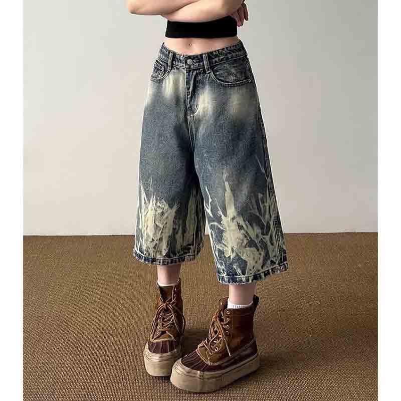 BXCNCKD Unisex Lightning Pattern Denim Retro Gradient Loose Wide Leg Pants Straight Quarter Pants3