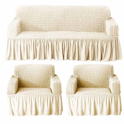 Image of Turkish Bubble Sofa Cover 3 Seater and 2 Seater Fully Covered 5 Seater Sofa Cover Non-Slip Sticky Elastic Stretchable Sofa Set Imported Slipcover Protector (3+1+1 Seater) (Cream)