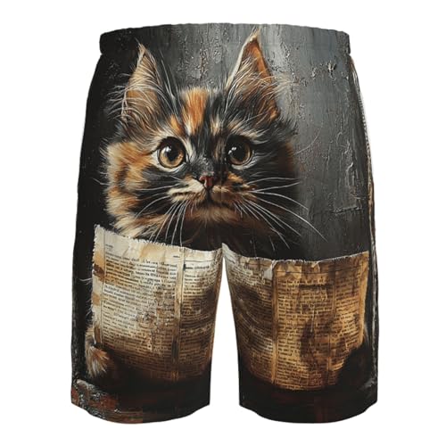 Men's Swim Trunks Beach Board Shorts Swimwear Bathing Suits - Cat Old Newspaper Vintage4