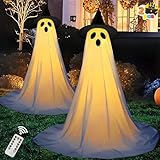 JOYIN 2 Packs 47'' Halloween Decorations Outdoor Standing Ghost, Light Up Spooky Ghost with Witch Hat & Remote Control, Glowing Halloween Decor for Yard Porch Lawn Garden Party Supplies Haunted House