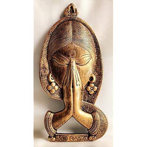 Radhna Welcome Namaste Lady Metal Hanging Religious Metal Wall Decor Showpiece Hanging Entrance Gate Decor (14 x 2 x 28 cm, Antique) Cover