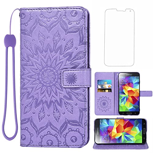 Phone Case for Samsung Galaxy S5 Wallet Cases with Tempered Glass Screen Protector Leather Slim Flip Cover Card Holder Stand Cell Glaxay S 5 Neo Gaxaly 5S Galaxies GS5 G900A G900T Women Purple