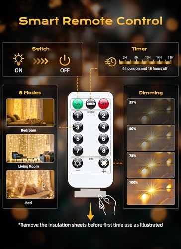 Image of Brightown 2 Pack 300 LED Fairy Curtain Lights, 9.8ft x 9.8ft String Lights | Warm White USB Plug in 8 Lighting Modes Christmas String Hanging Lights with Remote for Bedroom Indoor Outdoor Party