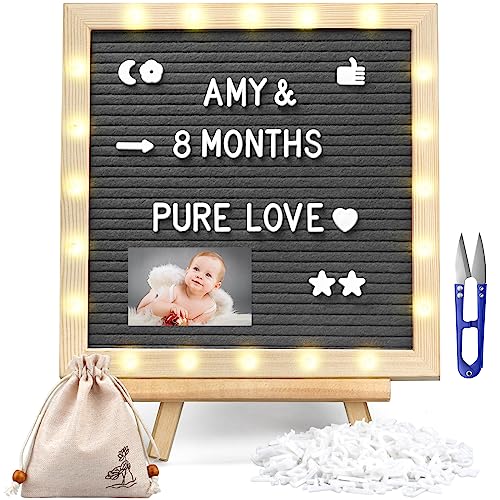 DoubleCare Felt Letter Board with Lights (10 * 10), 340 Letters Built-in LED Lights -Message Board Adjustable Stand, for Menus, Pregnancy Announcement, Baby Announcement Signs, Weddings, Grey