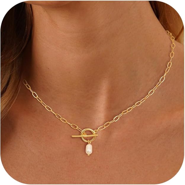 HABIKIP Gold Pearl Necklaces for Women Trendy, Dainty 14K Gold Pearl Pendant Chain Choker Necklace Cute Simple Pearl Pendant Link Necklace Waterproof Hypoallergenic Gold Jewelry Gifts for Women