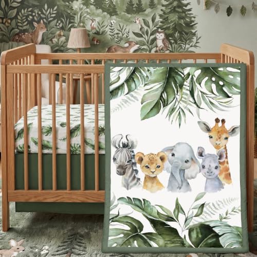 Image of Hahafelt 3 Pcs Safari Animals Baby Crib Bedding Set for Boy Girl | Includes Quilt, Fitted Sheet, Skirt, Green Tropical Jungle Nursery Bedding for Standard Infant Bed with Elephant Zebra Lion