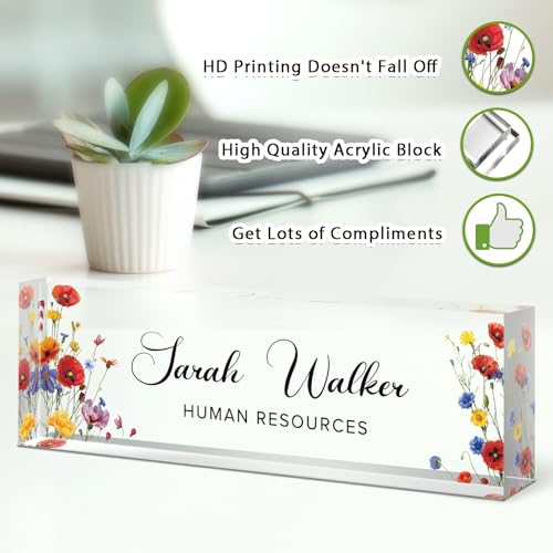 Image of Name Plate for Desk, Desk Name Plate Personalized, Flowers Office Decor for Women Men, Acrylic Desktop Accessories, Office Gifts for Boss Nurse Teacher Coworker, Employee Appreciation Gift (Pink /Blue)