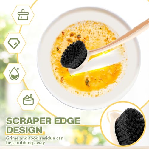 Image of 16 Pack Dish Brush with Handle Dish Scrubber Brush with Built-in Scraper Kitchen Scrub with Stiff Bristles Long Scrubber for Home Restaurant Pot Sink Washing Cleaning Supplies, Beige