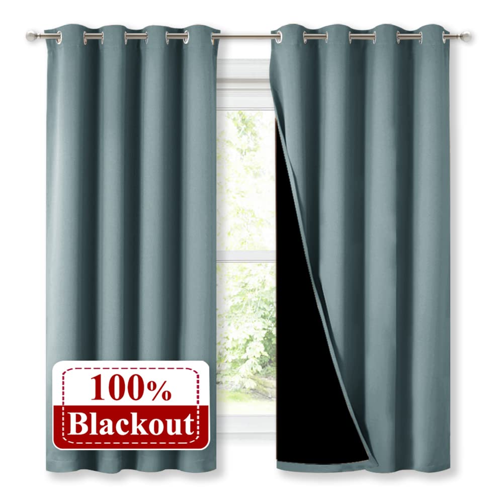 NICETOWN 100% Blackout Curtains with Black Liners, Thermal Insulated Full Blackout 2-Layer Lined Drapes, Energy Efficiency Window Draperies for Bedroom (Greyish Blue, 2 Panels, 52-inch W by 63-inch L)
