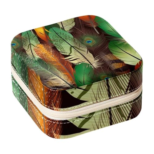 Diusye Joyero pequeño para anillos, pendientes, collares, pulseras, brazaletes, mini estuche de viaje, organizador de almacenamiento para mujeres y niñas, regalos - Patrón realista de plumas de pavo