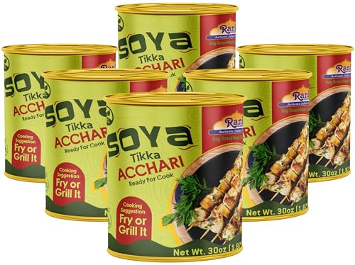 Rani Soya Tikka Achari 30oz (1.875lbs) 850g, Pack of 6, Ready for Cook ~ Easy Open Lid | All Natural | Vegan | No Colors | NON-GMO | Kosher | Indian Origin | Soy Based Meat Substitute