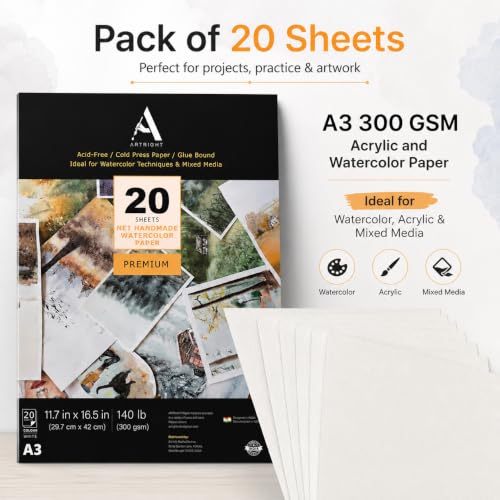 Image of ArtRight Artists' Acrylic Paper (A3 Pack of 20 Sheets, 300 GSM); 300 GSM Handmade Sheets for Gouache & Acrylic Media