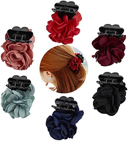 6 Small Pack Black Red Pink Green Rose Flower Bows Banana Plastic Hair Claw Ponytail Holder Clips Jaw Barrettes Grips Clamps Buns Chignon Accessories for Women Girl