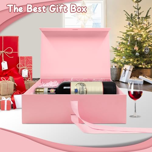 Rosa Luxus Große Magnet-Geschenkbox, 32,5 * 23 * 10,5cm mit Band, Papier& Grußkarte Party Favor Box für Hochzeit, Geburtstag & Muttertag