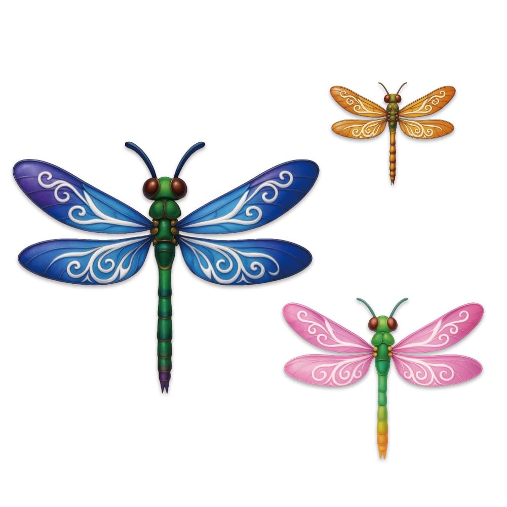 GOMAKERER 3 Pcs Colorful Dragonfly Wall Decor, Wood Dragonfly with Distinctive Wings Wall Insect Element Theme Ornaments for Fence Garden Courtyard Decoration Balcony Bedroom Living Room(3 Sizes)
