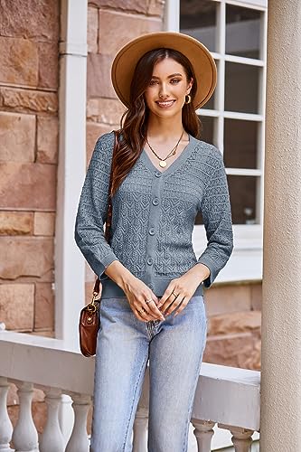 GRACE KARIN 2025 Women's 3/4 Sleeve Crochet Knit Button Down Cardigan Cropped Shrug Bolero Lightweight Sweaters Tops4