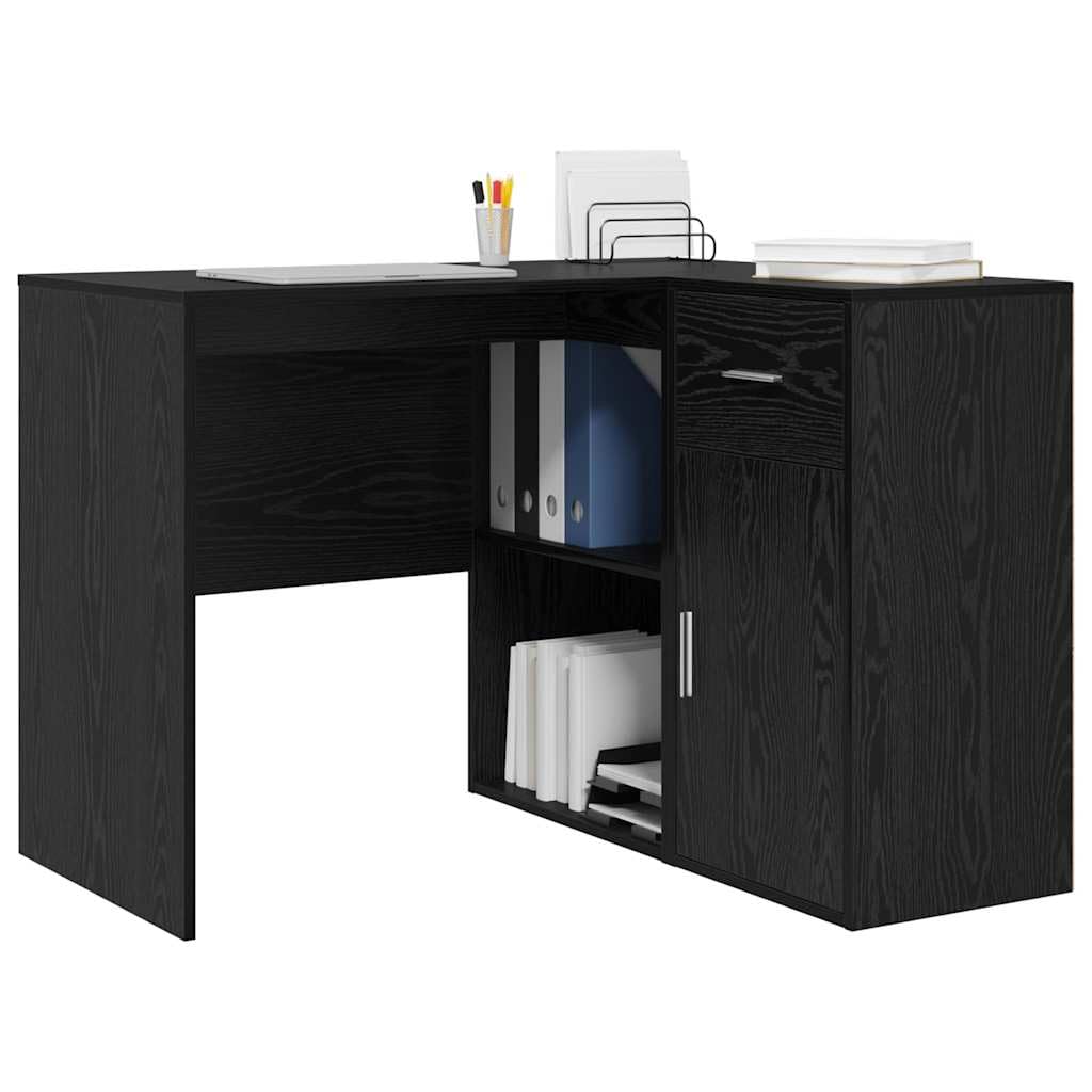 Scrivania angolare con cassetto e ripiano in rovere nero, 102 x 88 x 75 cm