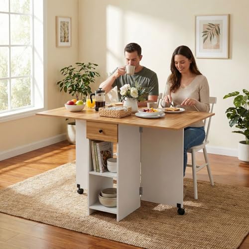 Image of FFO Folding Dining Table for Small Spaces | Compact Table with Drawer & Storage Shelves | Red Oak & White Finish | 120 x 72 x 75 cm | DIY Assembly