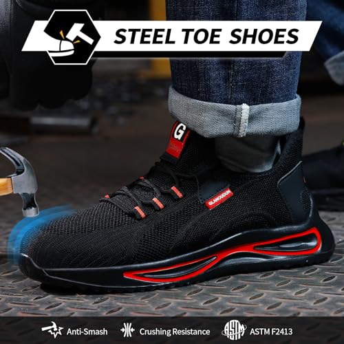 Image of GLANOUDUN Steel Toe Work Shoes for Men, Lightweight Black Work Shoes with Puncture Resistant Midsole, Comfortable Safety Footwear for Warehouse Construction