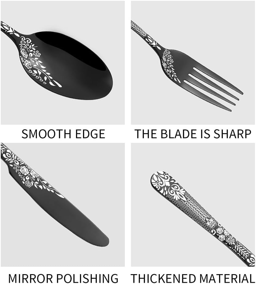 30-Pieces Forks and Spoons Silverware Set Printing Cutlery Mirror Effect Flatware Set for 6 Dishwasher Safe Food Grade Stainless Steel Easy to Clean Ergonomic for Restaurant, Black