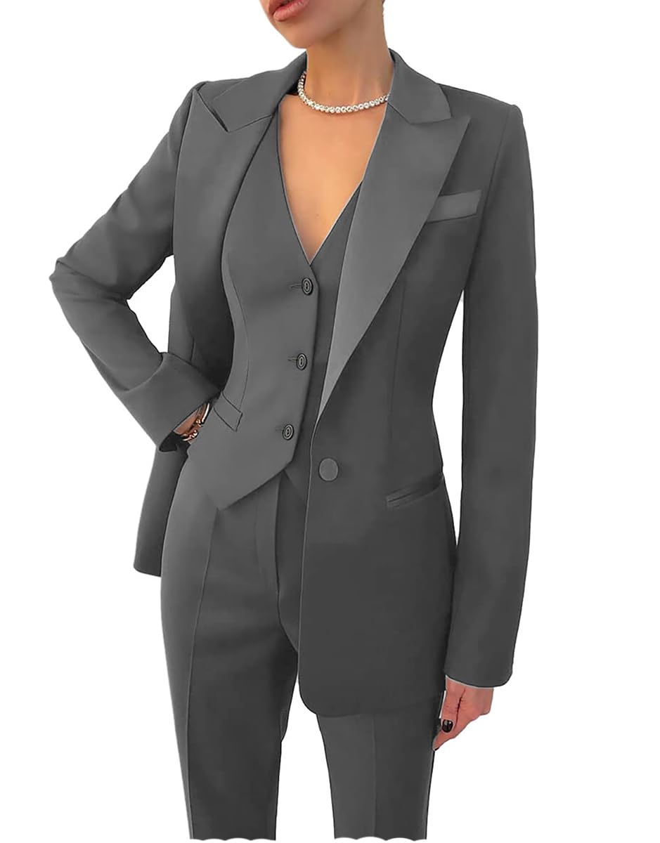 Womens Suiting 3 Piece Suit for Women Business Solid Peaked Lapel Suit Blazer Pants Set Office Lady Outfits