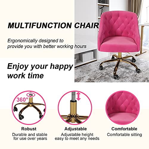 Lynslim Velvet Chair - 360° Swivel Height Adjustable Home Office Chair For Living Room Bedroom Modern Mid-Back Tufted Vanity Chair, Gold Star Base& Large Sitting Depth Chair (Rose) #TOP3