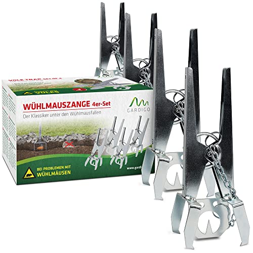 Gardigo® Wühlmausfalle 4er Set I Wühlmauszangenfalle mit festgekettetem Köderplättchen I Wiederverwendbare Wühlmauszange für den Garten I Beidseitige Fangmöglichkeit I Korrosionsbeständig Cover