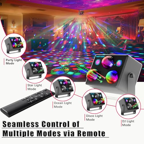Image of Disco Ball Party Lights,DJ Disco Light Sound Activation & Remote Control Stage Lighting with Star Projector, Ocean Wave and LED Strobe for Home Christmas Birthday Wedding Bar and Club Decorations
