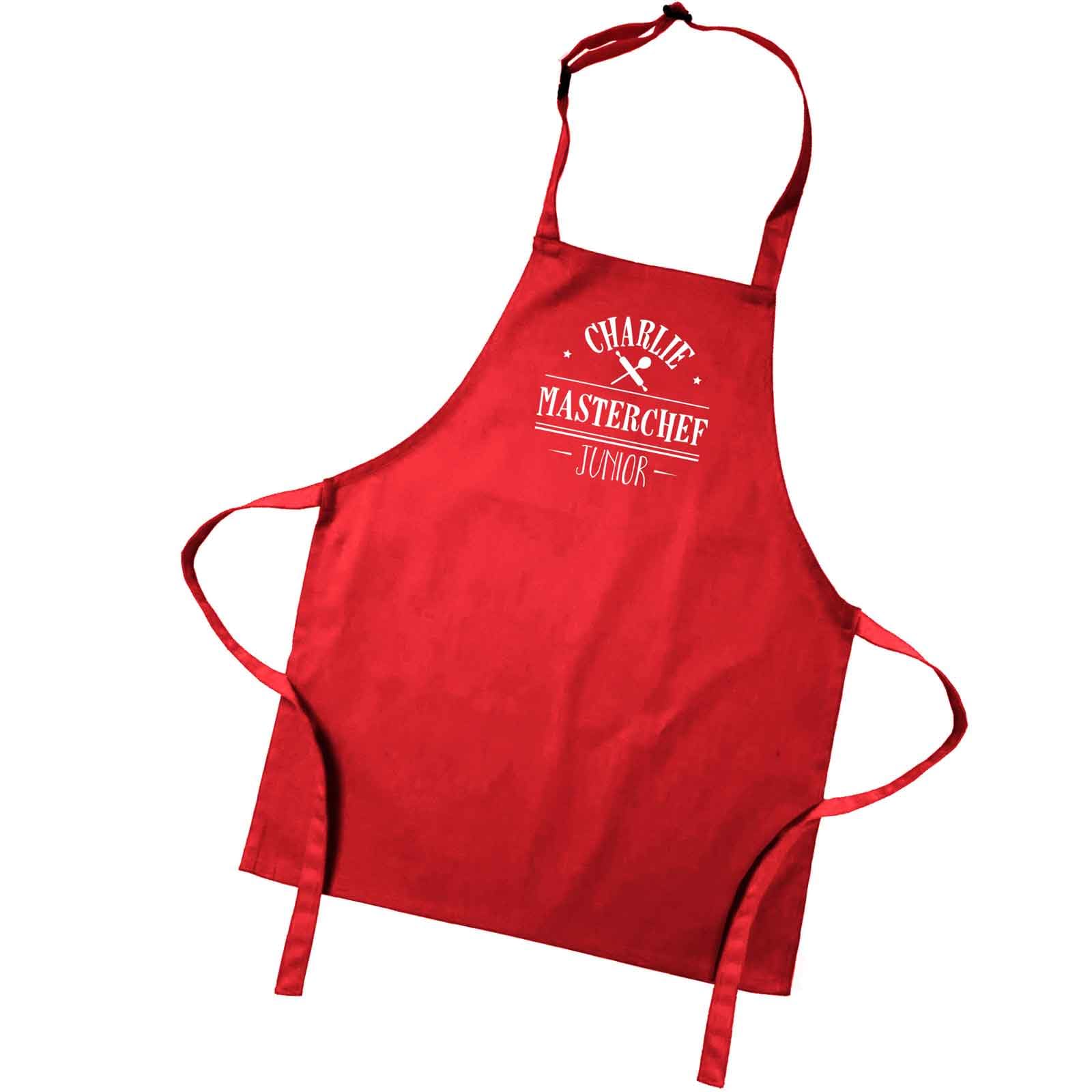 Personalised Children's/Kid's Colour Apron. Master Chef Junior. Your Name Added (7-10 yrs, Red)
