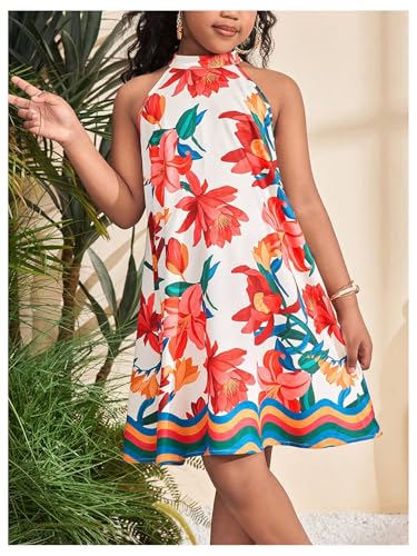 Girl's Print Floral Halter Dress Summer Sleeveless Boho Flowy Beach Vacation Dresses4