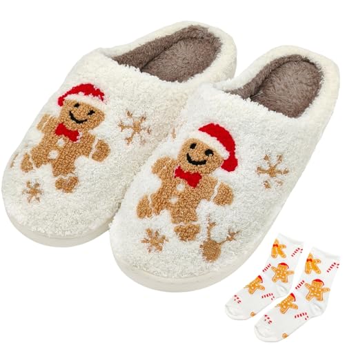 FOCUSIN Christmas Reindeer Slippers House Shoes for Women Fluffy Soft Cozy Bedroom Cartoon Plush Cute Slippers for Indoor Outdoor Use