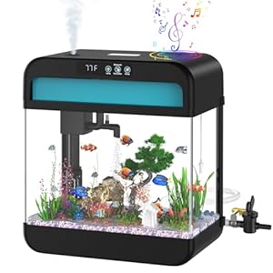 Fish Tank Aquarium 2.2 Gallon Fish Bowl with Music Humidifier 7 Color Auto-Looping Light Adjustable Pump with Filtration & Aeration & Circulation, Temperature Display, Bottom Water Changer