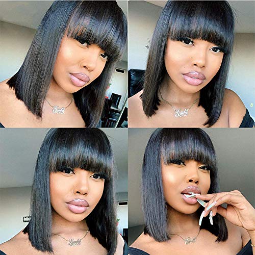 Short Bob Human Hair Wigs with Bangs None Lace Front Wigs Brazlian Straight Hair Machine Made Bob Wig for Black Women Natural Color