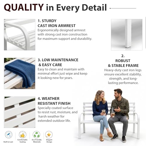 Image of BRISHI 2 Seater Metal Garden Bench for Indoor & Outdoor Park /Patio /Living Room /Terrace /Balcony (White)