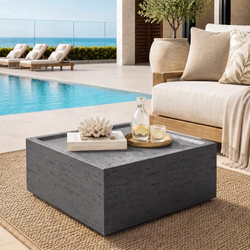 UPHA 28' Square Outdoor Coffee Table, Modern Hollow Concrete Patio Table, Small Minimalist Low Accent Table for Living Room, Balcony, Deck, Backyard, Dark Gray