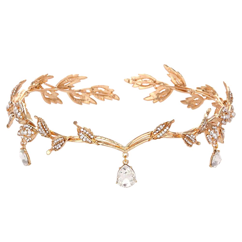 Goddess Tiara Leaf Headband Crystal Rhinestones Tiara Crown Wedding Tiara Bridal Bridesmaid Beaded Forehead Band Crystal Rhinestones Wedding Head Band Bridal Hair Accessorie Headpieces Golden