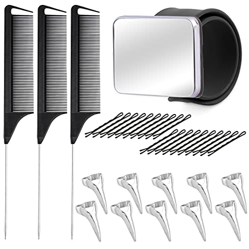 WXJ13 10 PCS Hair Parting Ring and 3 PCS Stainless Steel Rat Tail Combs with 20 PCS Hairpins, Hair Parting and Selecting Tool with Magnetic Wrist Sewing Pincushion for Daily Hair Braiding