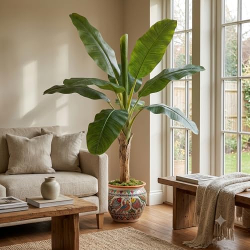 Image of Kayra Decor Artificial Banana Tree 4 Feet with Pot | Realistic Green Leaves & Natural Trunk | Bird of Paradise Banana Plant for Home Decor, Living Room, Office & Indoor Garden Decoration
