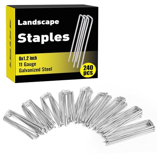 HongWay 240 Pack 6 Inch Landscape Staples Garden Stakes Galvanized Tent Stakes Heavy Duty 11 Gauge SOD Landscaping Fabric Pins Yard Ground Lawn Staples for Plant Cover Turf Fence Grass Decoration