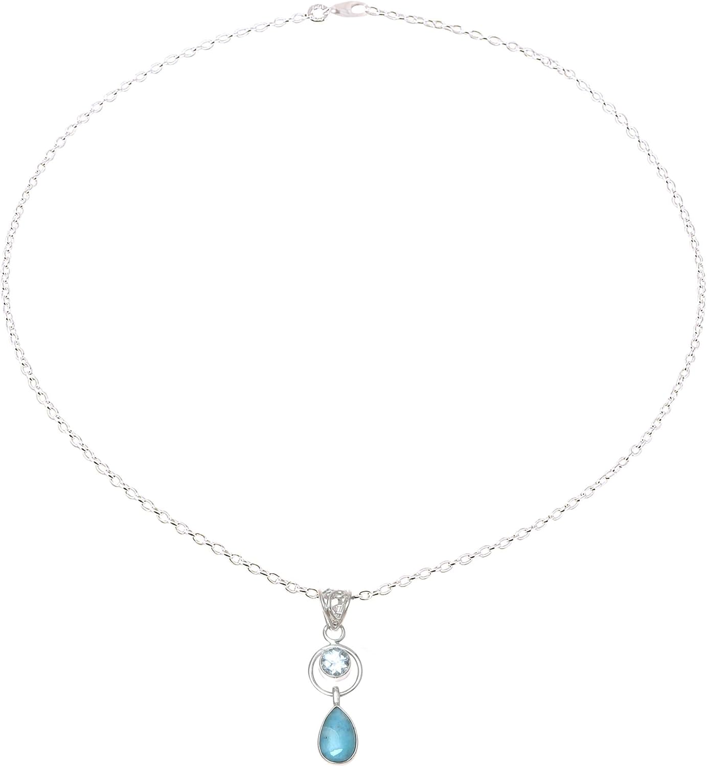 NOVICA Artisan Handmade Larimar Blue Topaz Pendant Necklace from India Sterling Silver Birthstone Gemstone [18 in L 2 mm W Pendant(s) 1.5 in L x 0.4 in W x 0.2 in D] ' Gleaming Daylight'