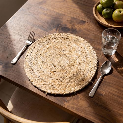 Image of Encasa XO Dining Table Mats Set of 6 | Jute Round Placemat - 32 cm Diameter | Jute Natural Bleach Color | Handmade Style Chargers for Dinner Plates