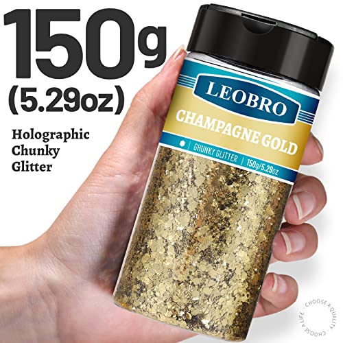 Chunky Glitter, 150G/5.29Oz Craft Glitter For Resin, Mixed Fine Glitter & Chunky Glitter, Leobro Metallic Chunky Glitter For Crafts, Epoxy Resin, Nail, Glitter For Diy Tumbler Painting, Champagne Gold #TOP1