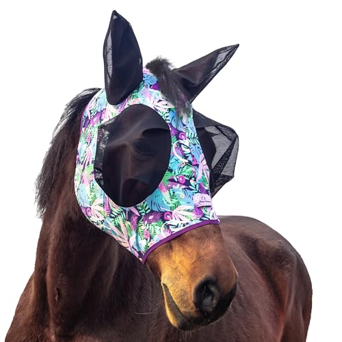 Horzmetnex Stretchy Horse Fly Mask with Ears Extra-Large Eyes & Mane Opening Soft Breathable Fly Mask for Horses Tangle-Free Design Enhanced Visibility (Purple Leaves Full (Large))