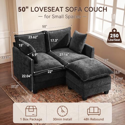 Image of 50 inch Loveseat Sofa with Ottoman, Cloud 2-Layer Cushion & 27 inch Deep Seat, Modern Love Seat Small Couch with 2 Washable Pillows for Small Spaces, Bedroom, Apartment, Office, Living Room, in a Box, Black