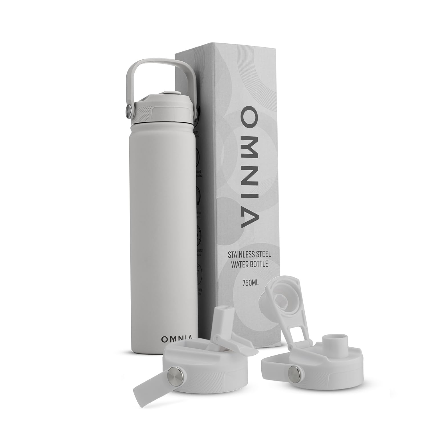 OMNIA NUTRIENTS Vacuum Insulated Stainless Steel Water Bottle, 2 Lids (Straw & Spout) Leakproof, BPA-Free, Reusable Flask Ideal for Travel and Outdoors (Stone Grey - 750 ml)