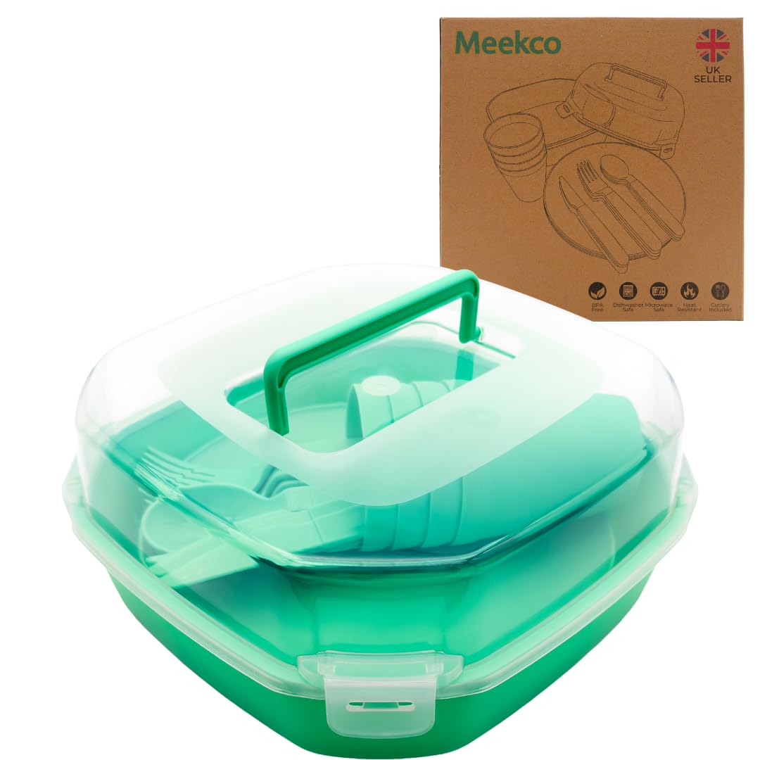 Meekco Camping Plates and Cutlery Set with Storage Box & Insulated Bag – 20 Piece Reusable BPA Free Dinnerware, Microwave & Dishwasher Safe (Green)