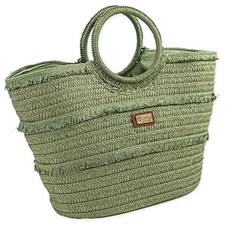 Lois - Bolso Capazo Rafia Mujer Para Playa Ideal Verano. Capazos Mimbre Mujer Estilo Rústico Elegante y Ligero, Verde